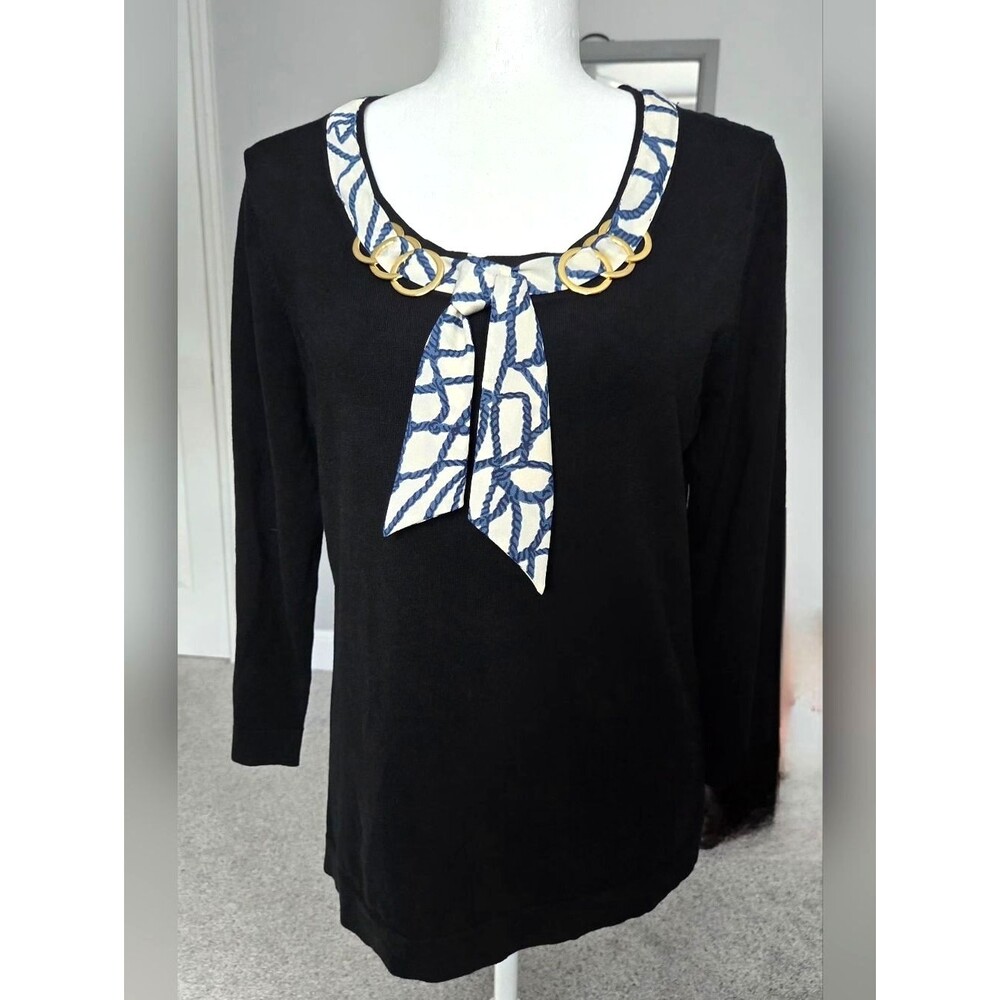 August Silk Black Knit Top with Attached Scarf & Gold O-Rings - Size L
